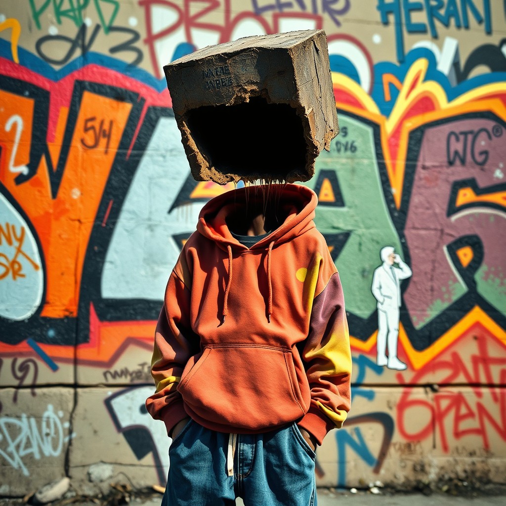 A surreal and thought-provoking image titled 'Scrape Head', featuring a stylized representation of a ghetto-themed character with an abstract head that appears scraped or hollowed out
