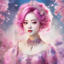 A Korean girl with bright pink hair, dazzling in a fantastical dress adorned with intricate patterns and sparkling embellishments, set against a soft, ethereal background