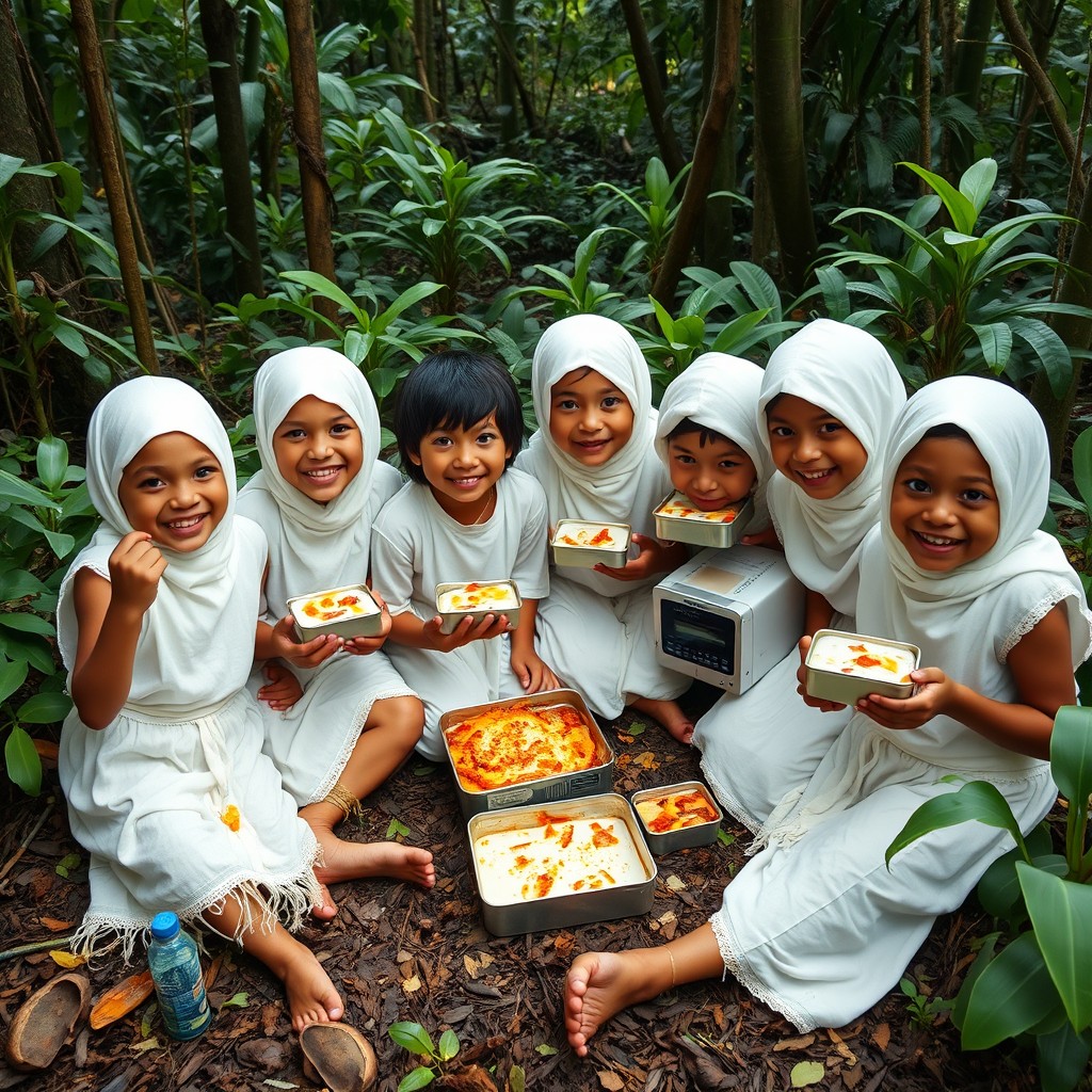 A group of indigenous children from the Amazon rainforest, dressed in all-white Ayahuasca clothing, happily sitting on the forest floor