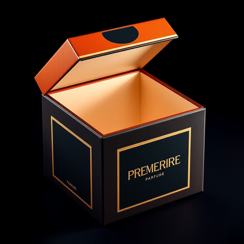 A luxurious square cardboard gift box that opens from the top, designed for a perfume called 'PREMIERE'
