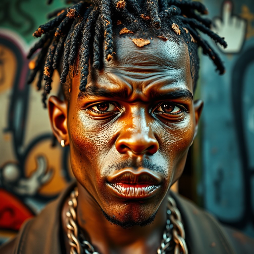 A visually striking close-up of an urban character with a rugged, textured appearance, showcasing a creatively styled head