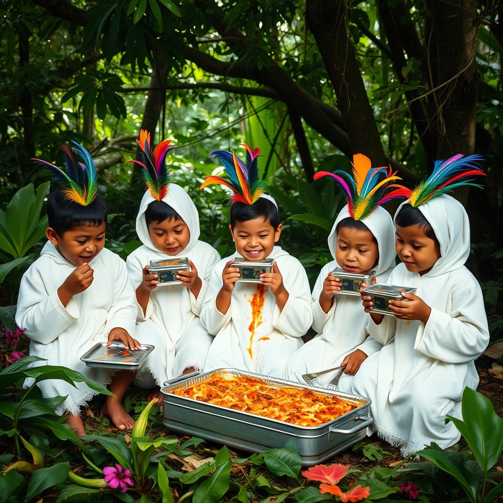 A group of indigenous children from the Amazon rainforest, dressed in pristine all-white Ayahuasca clothing adorned with colorful feathers in their hair