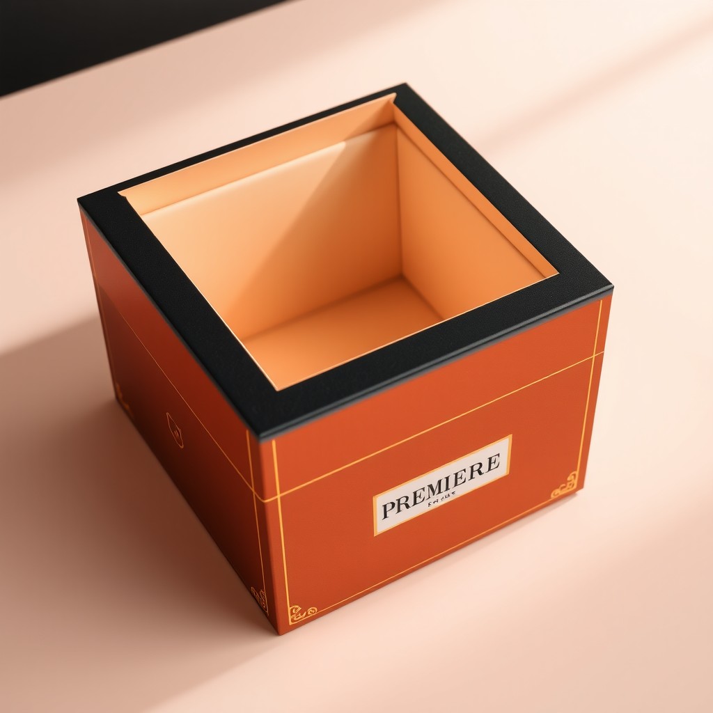 A luxurious square cardboard gift box that opens from the top, specifically designed for a perfume named 'PREMIERE'
