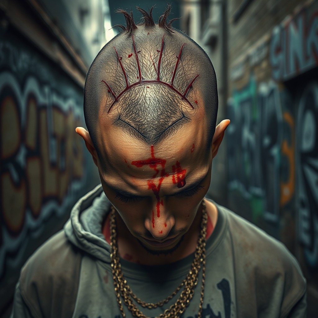 A gritty urban scene depicting a person with a scraped and bloody scalp, embodying a ghetto aesthetic