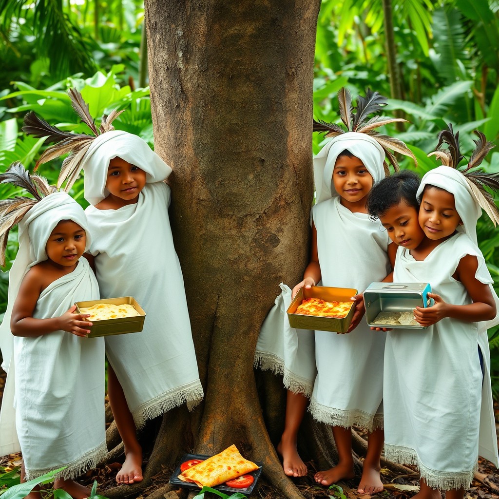 Indigenous children from the Amazon rainforest wearing traditional all white Ayahuasca clothing resembling pillow cases, adorned with subtle bird feathers in their hair