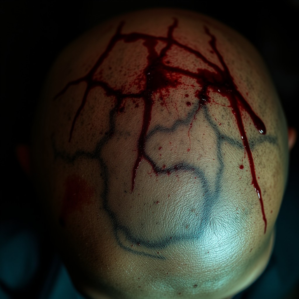 A close-up view of a distressed, scarred scalp of a person from an urban environment, showcasing the rough texture and bloody scars on the skin