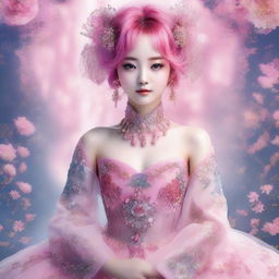 A Korean girl with bright pink hair, dazzling in a fantastical dress adorned with intricate patterns and sparkling embellishments, set against a soft, ethereal background