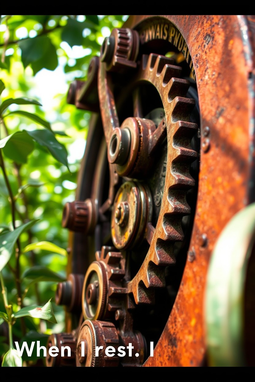 An artistic representation of a vintage mechanical object, like a rusting clock or an old-fashioned automaton, surrounded by a serene, nature-infused environment