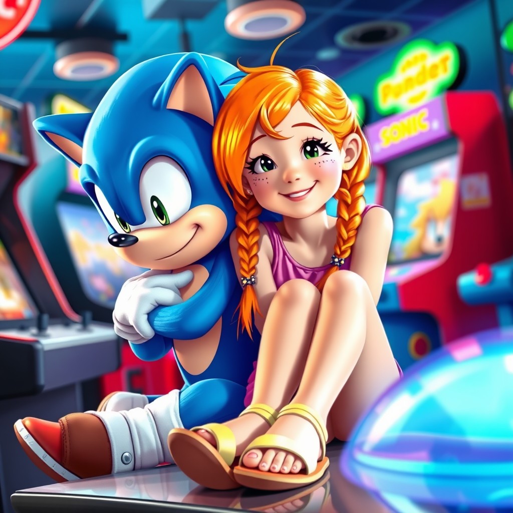 Sonic the Hedgehog embracing a cute teenage girl with orange hair styled in two braids, sitting and smiling with freckles on her face