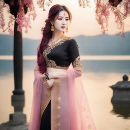 A Korean woman with flowing, long pink hair, elegantly dressed in a black saree, the gold details subtly gleaming, set against a serene evening backdrop.