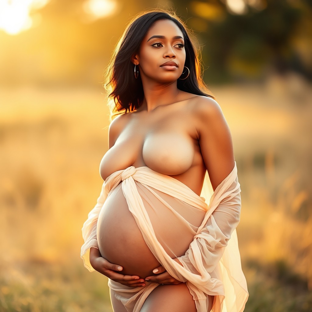 A captivating portrait of a confident pregnant woman standing outdoors, with a warm, sunny background that highlights her glowing skin