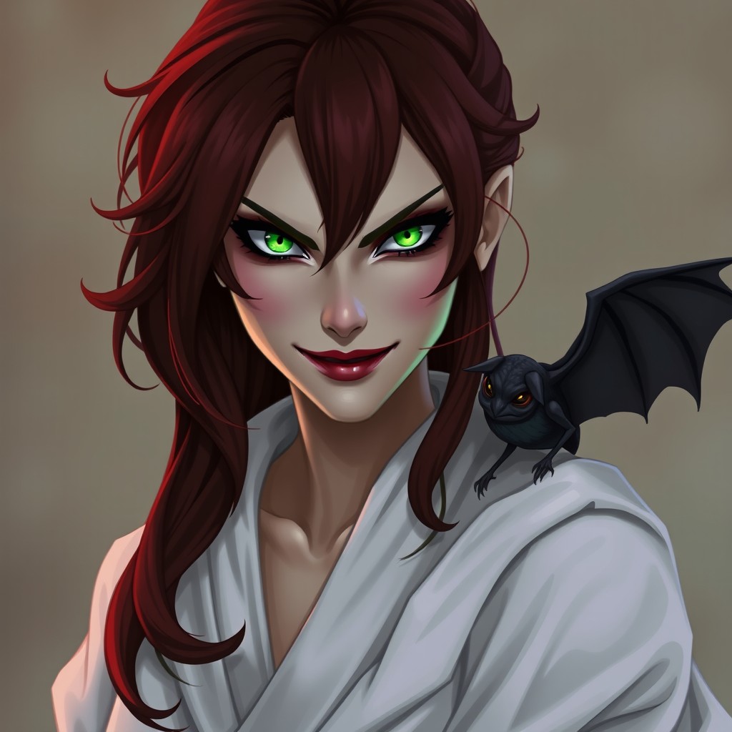 A striking female character with dark red hair cascading down her shoulders and vibrant green eyes