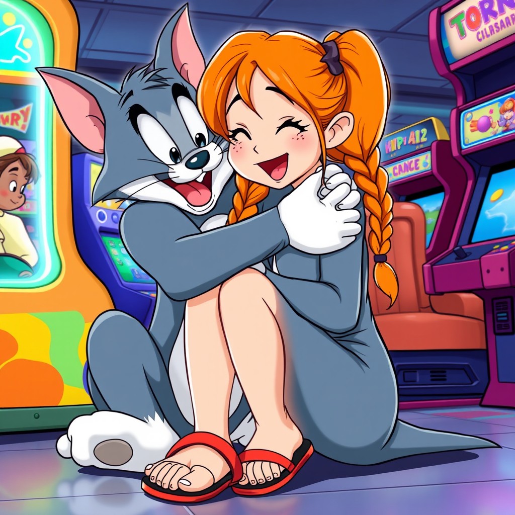 Tom and Jerry hugging a cute teenage girl with orange hair styled in two braids, sitting down with freckles on her face