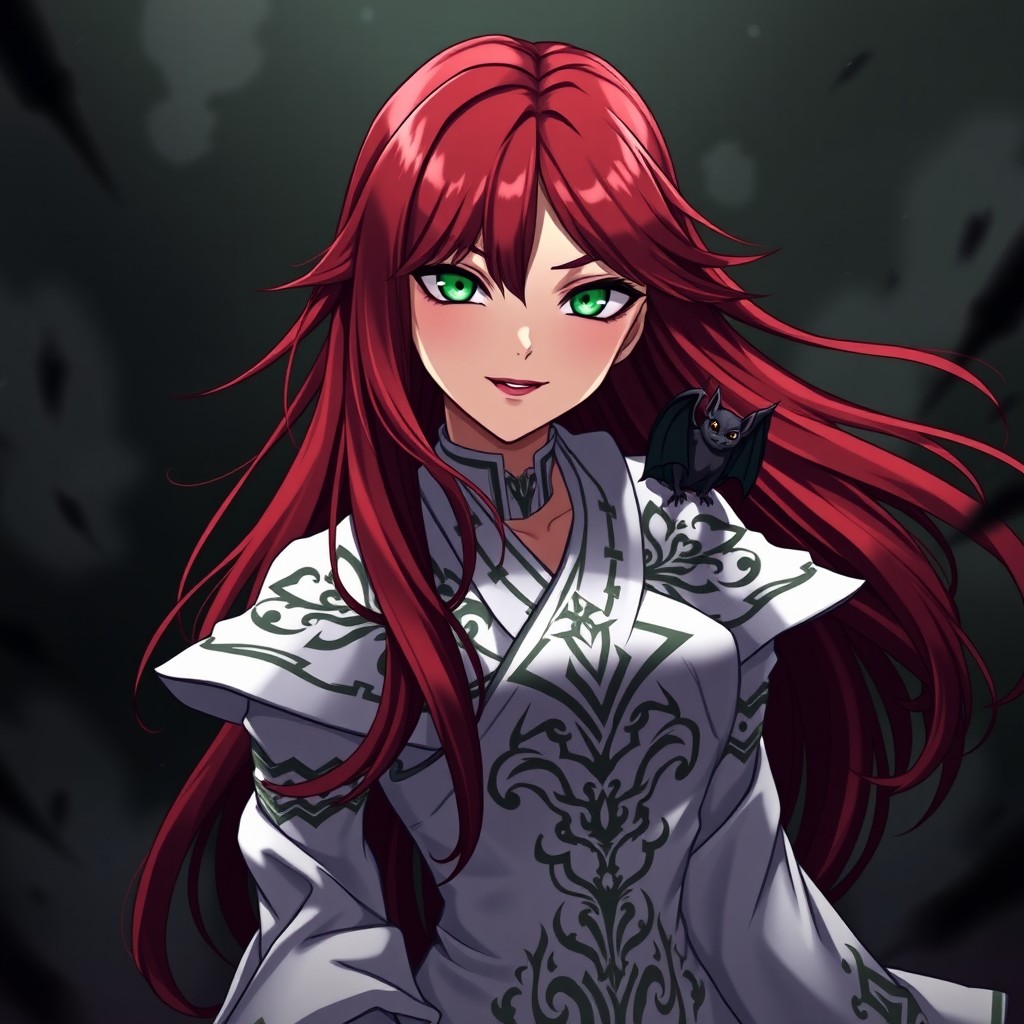 An anime-style female character with dark red hair flowing elegantly around her face and down her back