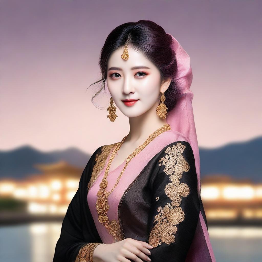 A Korean woman with flowing, long pink hair, elegantly dressed in a black saree, the gold details subtly gleaming, set against a serene evening backdrop.