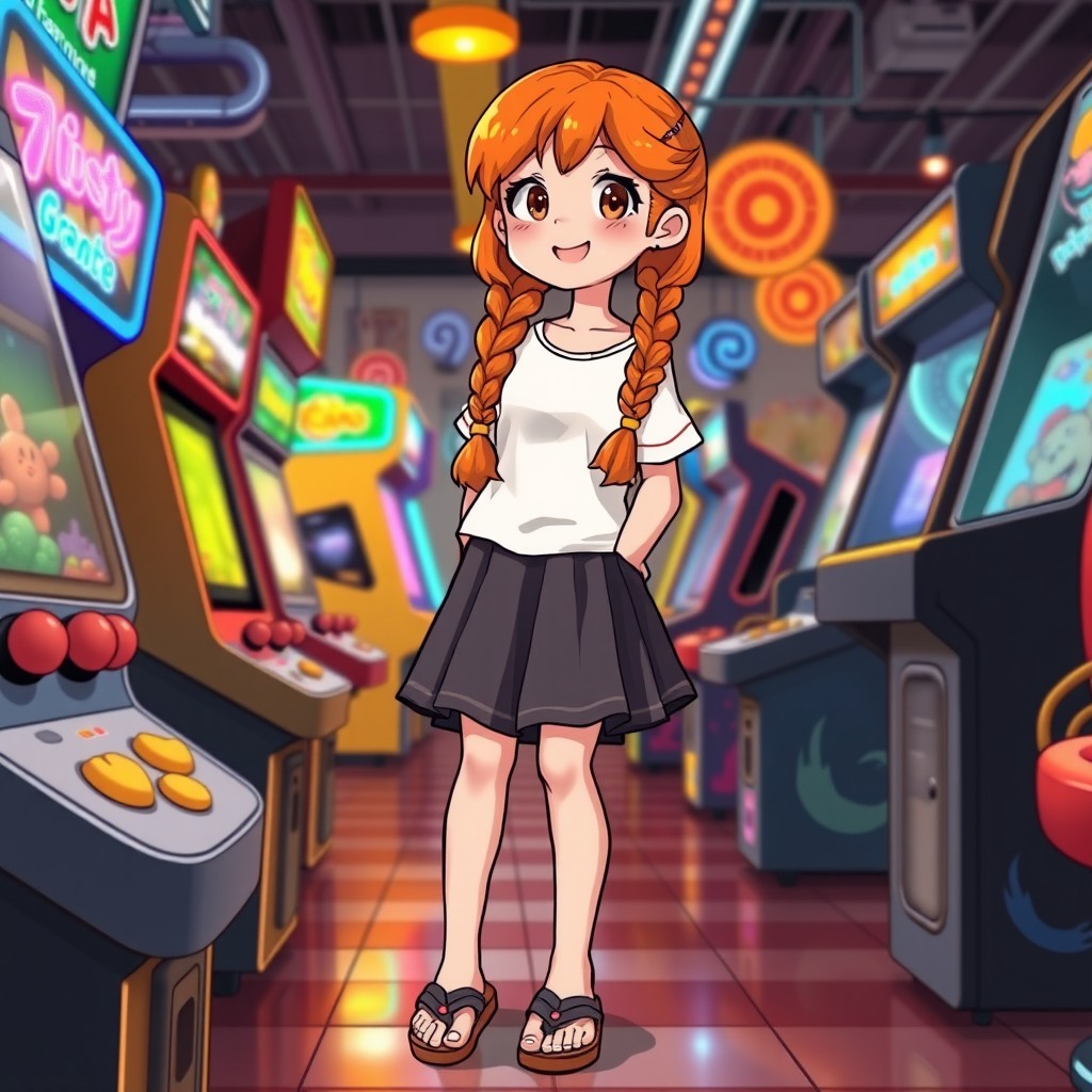 A full-body illustration of a teenage girl with vibrant orange hair styled in two braids