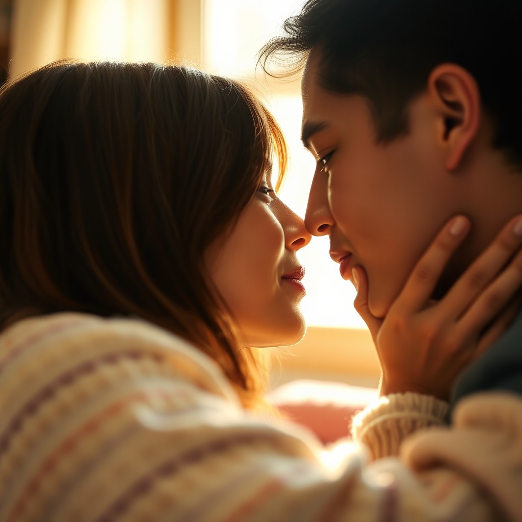 A romantic close-up of a soft lip kiss between two individuals, capturing the intimacy of the moment