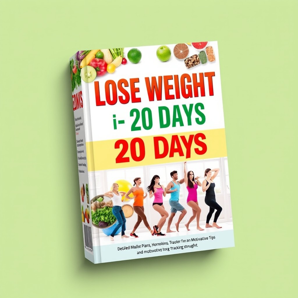 A comprehensive guide titled 'Lose Weight in 20 Days', featuring detailed meal plans, exercise routines, motivational tips, and progress tracking strategies
