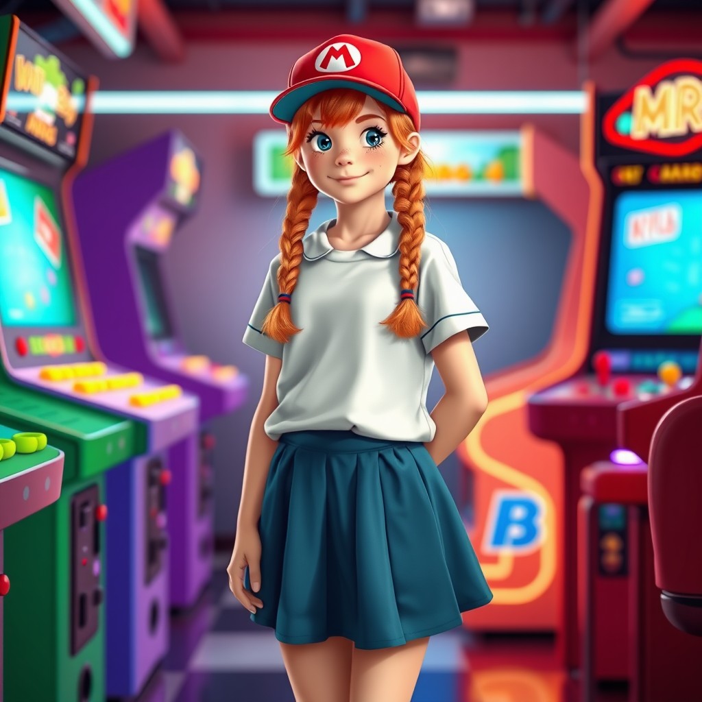 A realistic full-body portrait of a teenage girl with orange hair styled in two braids, standing confidently