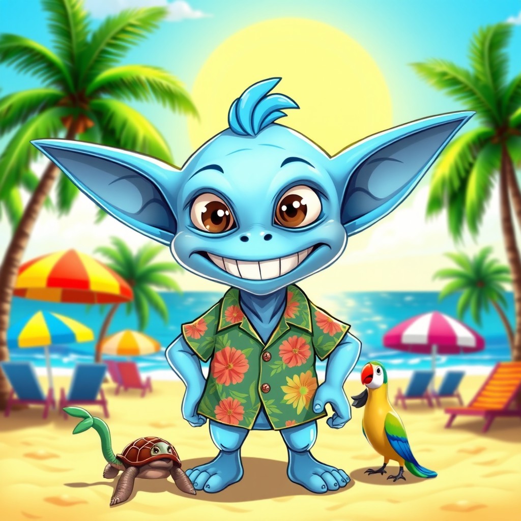 A cartoonish blue alien creature with large ears and a mischievous grin, wearing a Hawaiian shirt, standing on a vibrant tropical beach