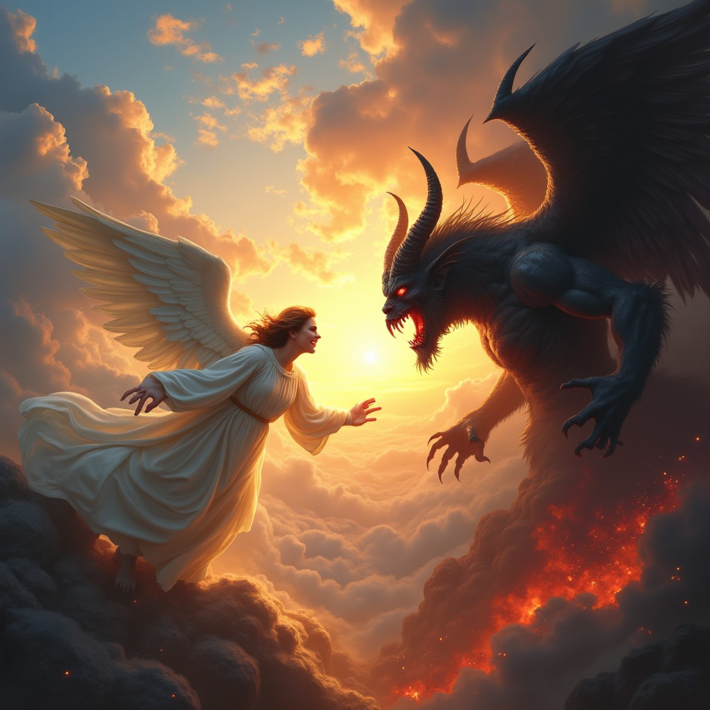 A majestic scene depicting the contrast between angels and demons, featuring a celestial landscape with vibrant clouds and shimmering lights representing angels in white robes, with glowing wings soaring through the sky