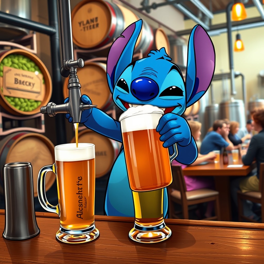 A cartoonish blue alien creature, resembling Stitch, skillfully pouring a craft beer into a large mug