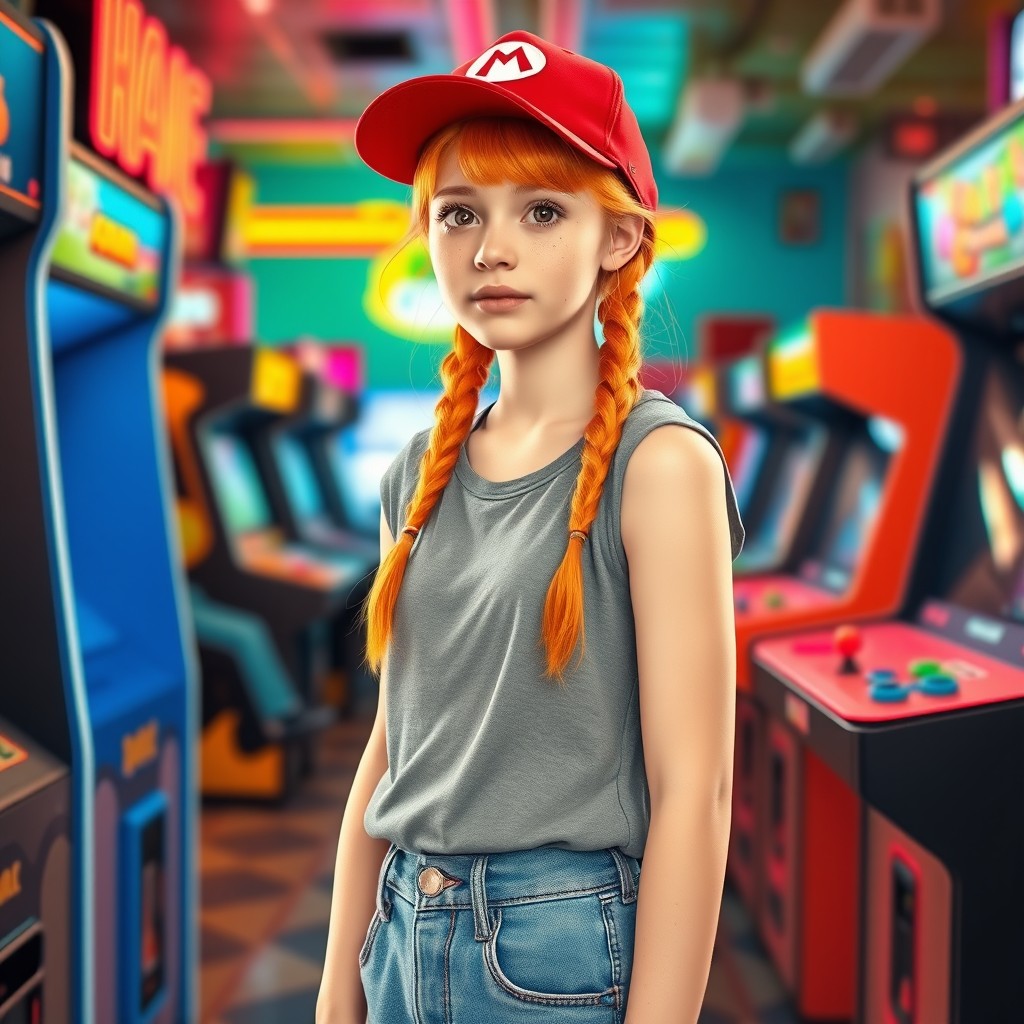 A real teenage girl with vibrant orange hair styled in two braids, standing confidently