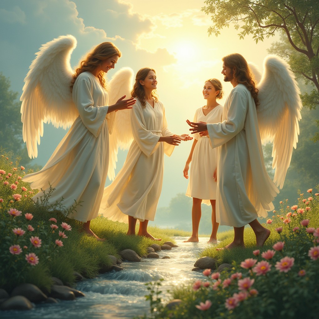 A serene scene showcasing angels interacting with people in a peaceful, heavenly landscape