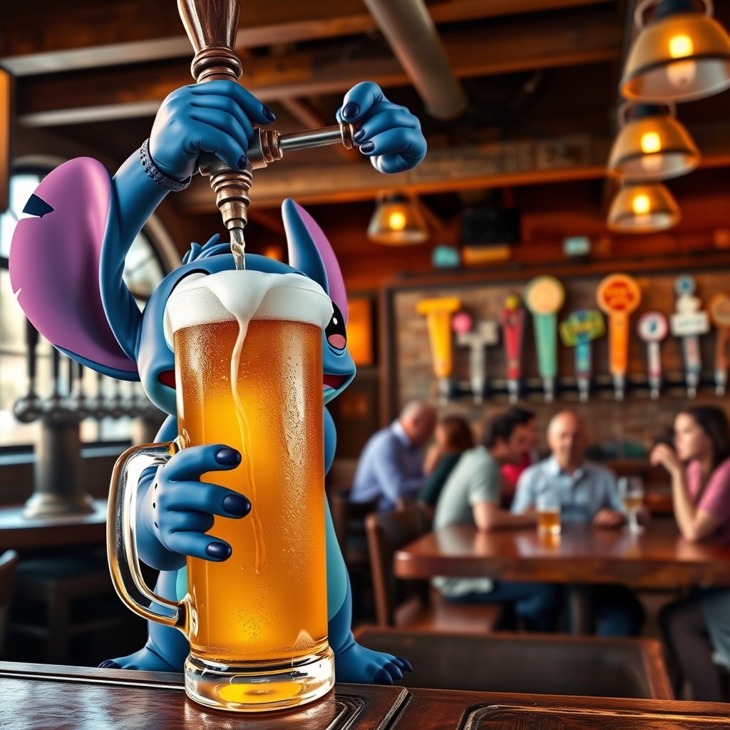 Stitch, the lovable character from Disney, expertly serving a craft beer from a tap into a large, frosty mug