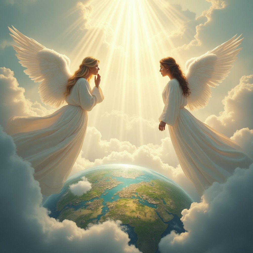 A serene and thought-provoking scene of angels softly contemplating mankind from above, set in a heavenly landscape filled with clouds and soft beams of light
