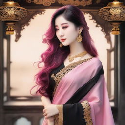 A Korean woman with flowing, long pink hair, elegantly dressed in a black saree, the gold details subtly gleaming, set against a serene evening backdrop.