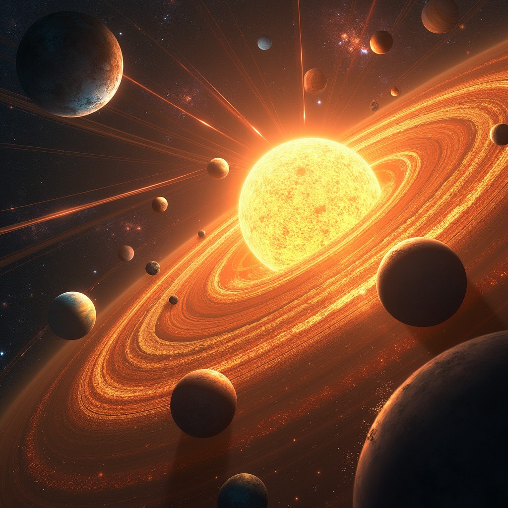 A dramatic and visually striking depiction of the solar system spiraling out of control, showcasing planets in chaotic orbits around a blazing sun