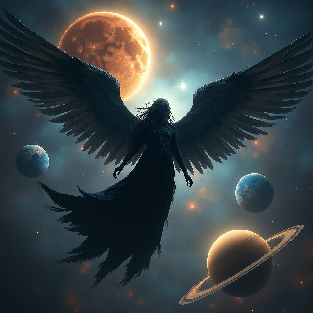 A captivating and cosmic scene of the solar system depicted with a dark angel hovering majestically in space