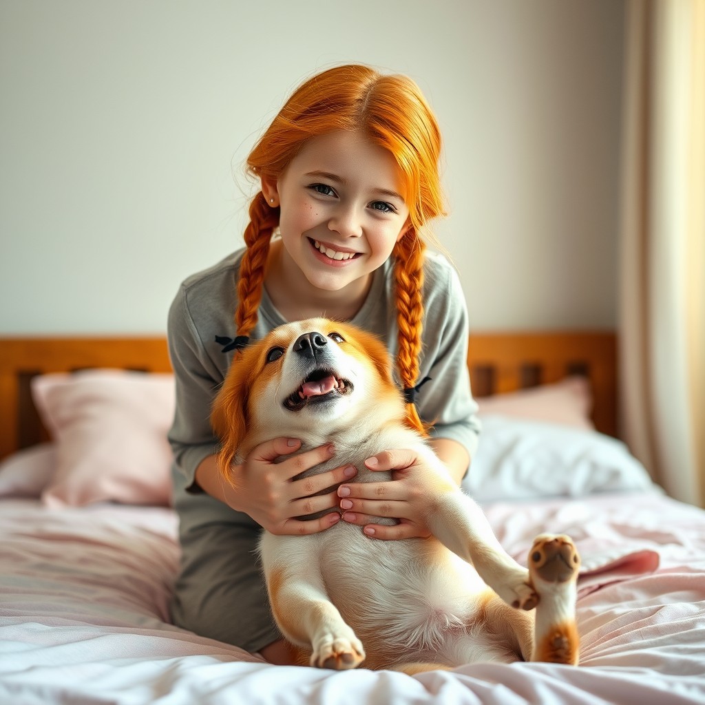 A joyful scene featuring a real teenage girl with vibrant orange hair in two braids, standing on a bed