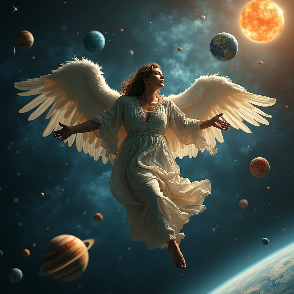 A visually striking cosmic scene depicting an injured angel floating in the vastness of the solar system