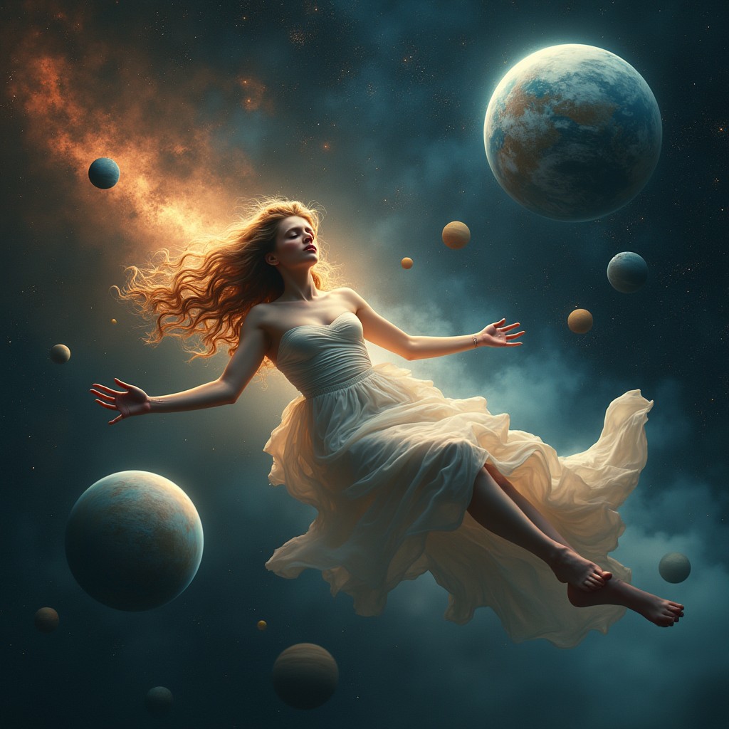 A surreal scene depicting a solar system with planets and stars in vivid colors, where the central focus is an injured woman floating gracefully in space