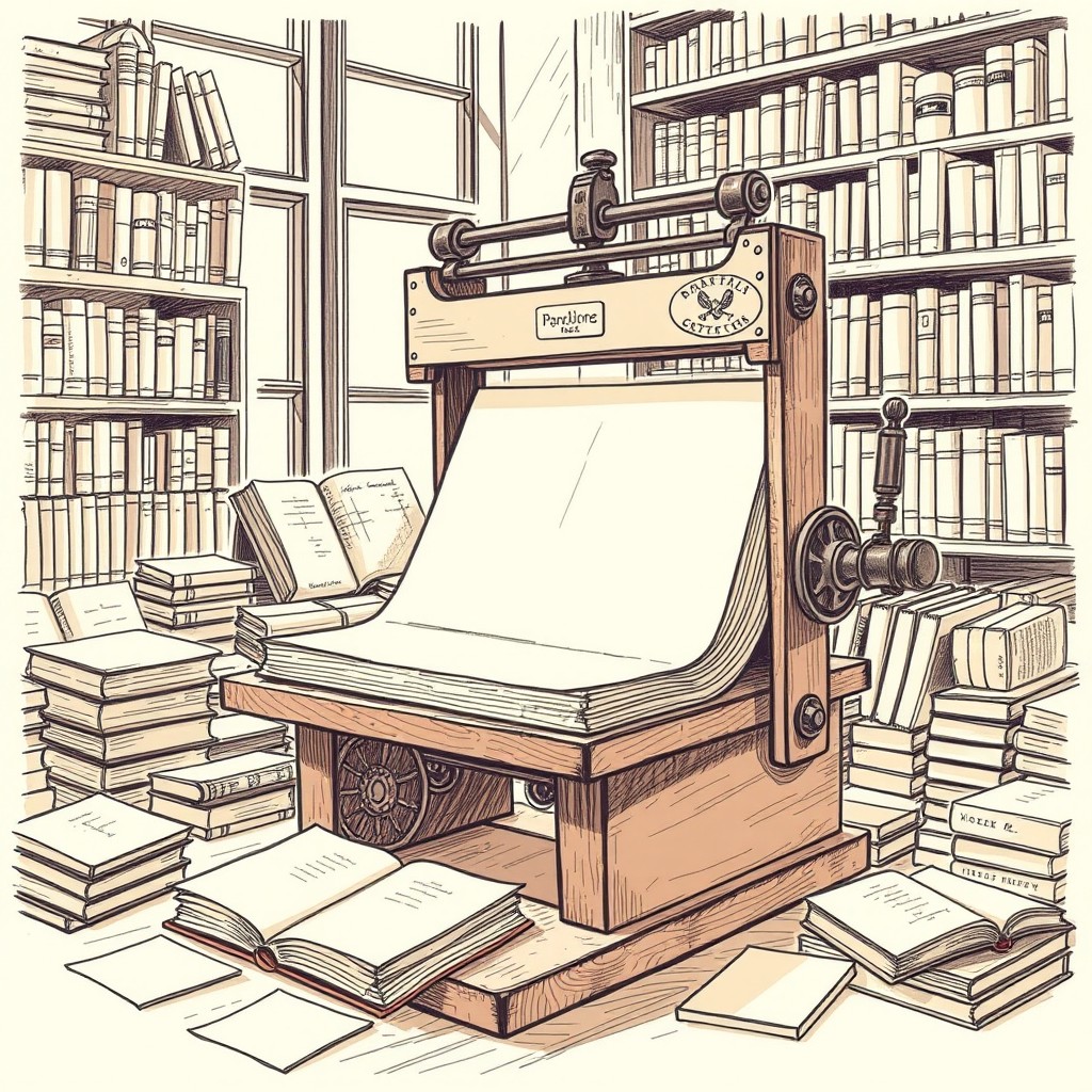 A detailed sketch of a vintage book press, showcasing its intricate mechanics and craftsmanship