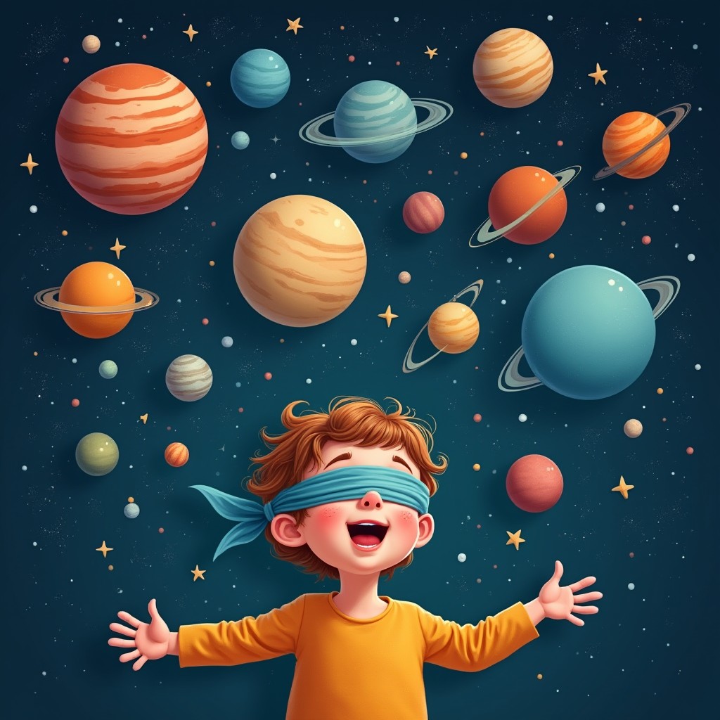 A whimsical and imaginative scene of a solar system representation where planets are depicted in vibrant colors and surrounded by sparkling stars