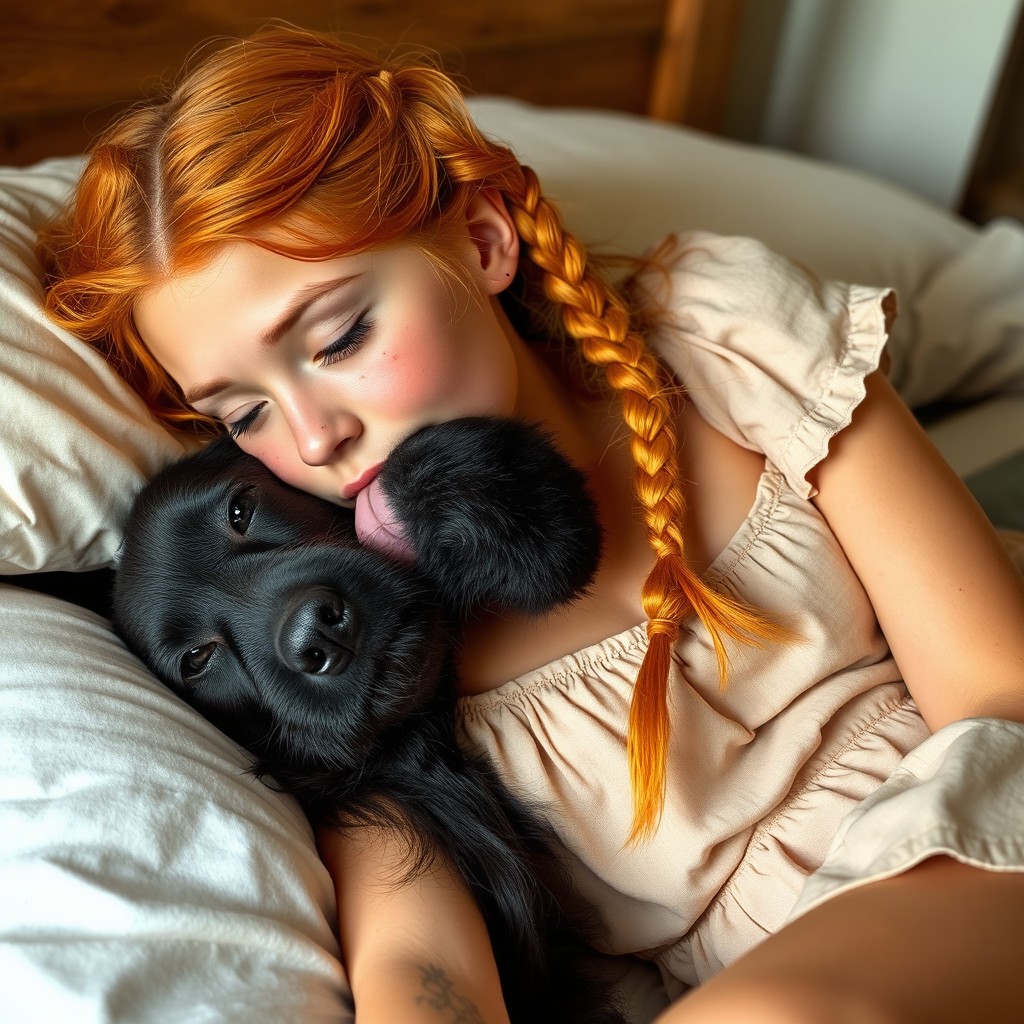 A large black dog licking the neck of a beautiful real teenage girl with orange hair styled in two braids, lying on a bed