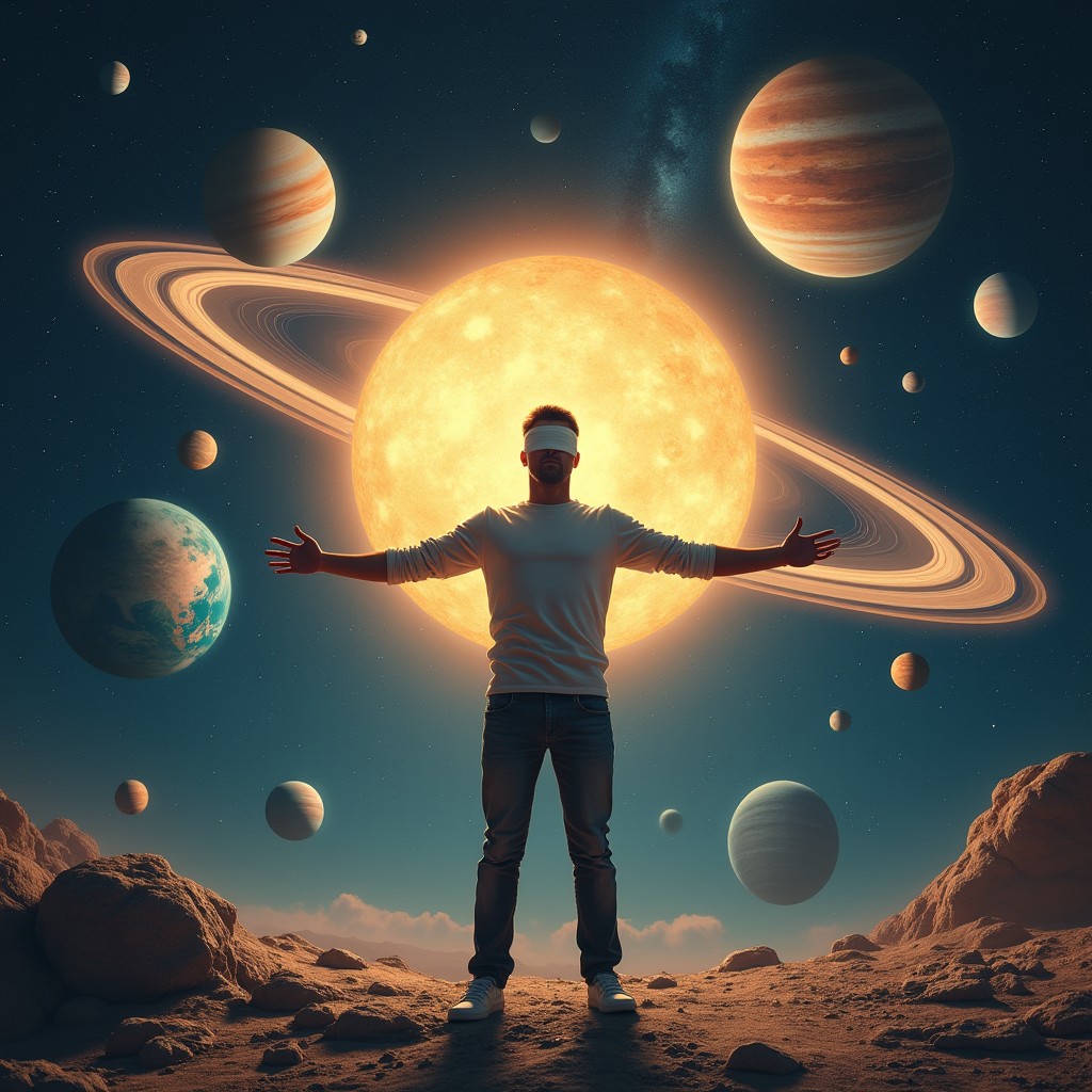 An imaginative scene set in space, displaying the solar system with planets and stars vividly in the background