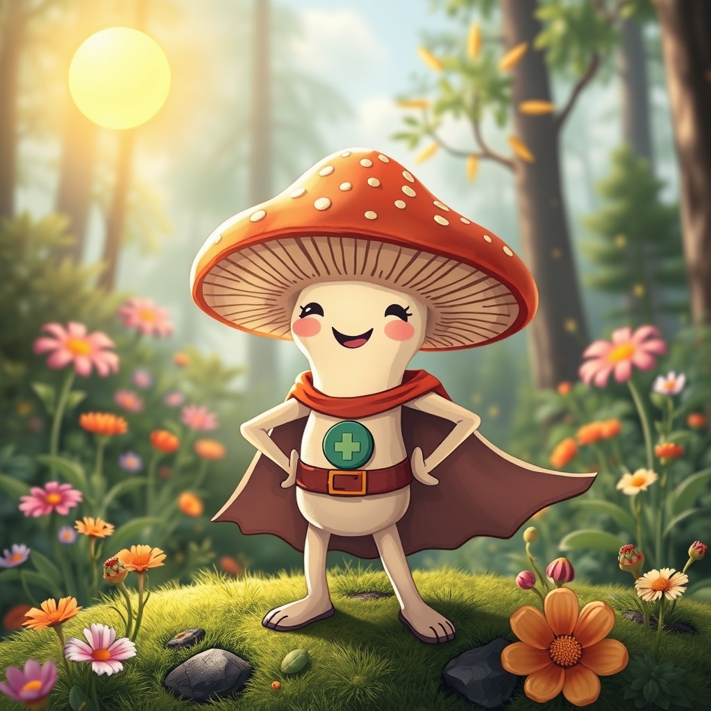 A whimsical and heroic depiction of a penicillin mushroom, anthropomorphized with arms and legs, wearing a tiny superhero cape