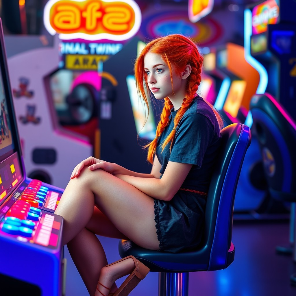 A real teenage girl with vibrant orange hair styled into two braids, sitting and playing an arcade game