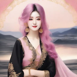 A Korean woman with flowing, long pink hair, elegantly dressed in a black saree, the gold details subtly gleaming, set against a serene evening backdrop.