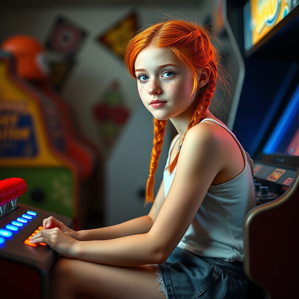 A real teenage girl with orange hair styled in two braids, sitting and showing her freckles on her face