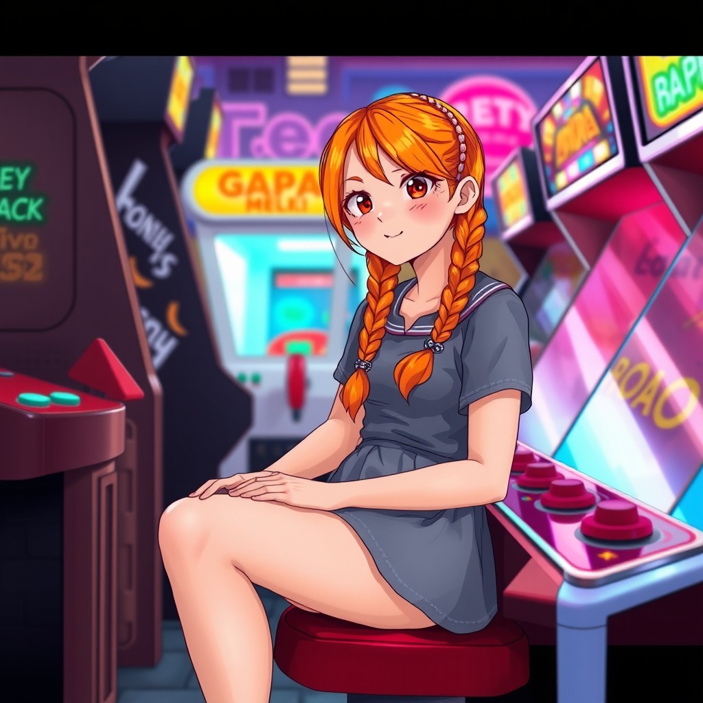 A realistic teenage girl with vibrant orange hair styled in two braids, sitting at an arcade playing a game