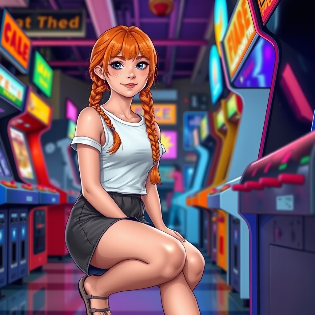 A realistic teenage girl with bright orange hair styled in two braids, sitting down with freckles on her face, wearing a short schoolgirl mini skirt
