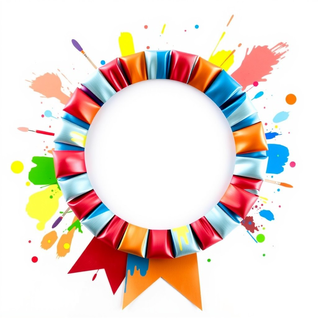 A circular award ribbon representing first place, featuring vibrant, colorful ribbons expanding outward