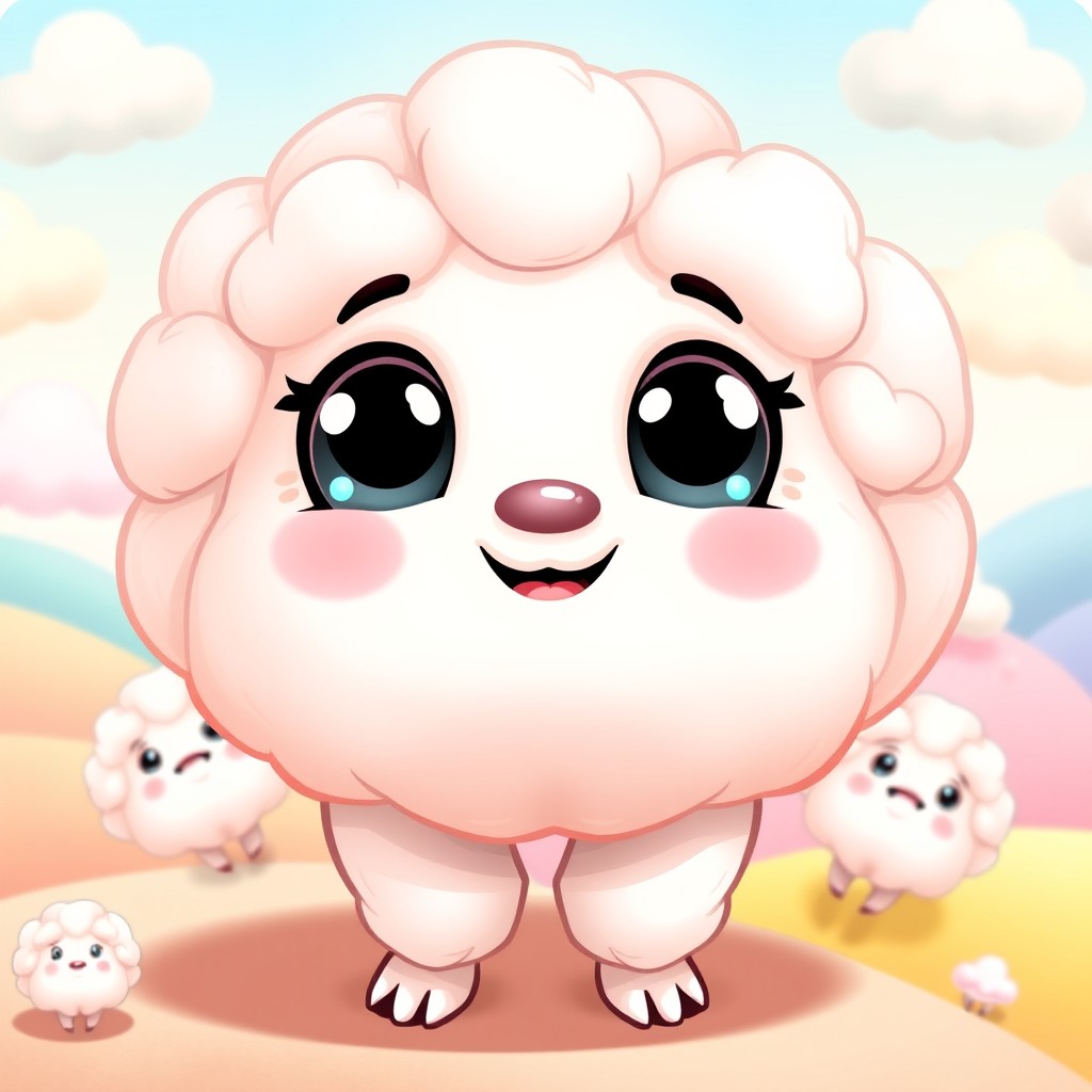 A cute, fluffy cotton game character, featuring large expressive eyes and an inviting smile