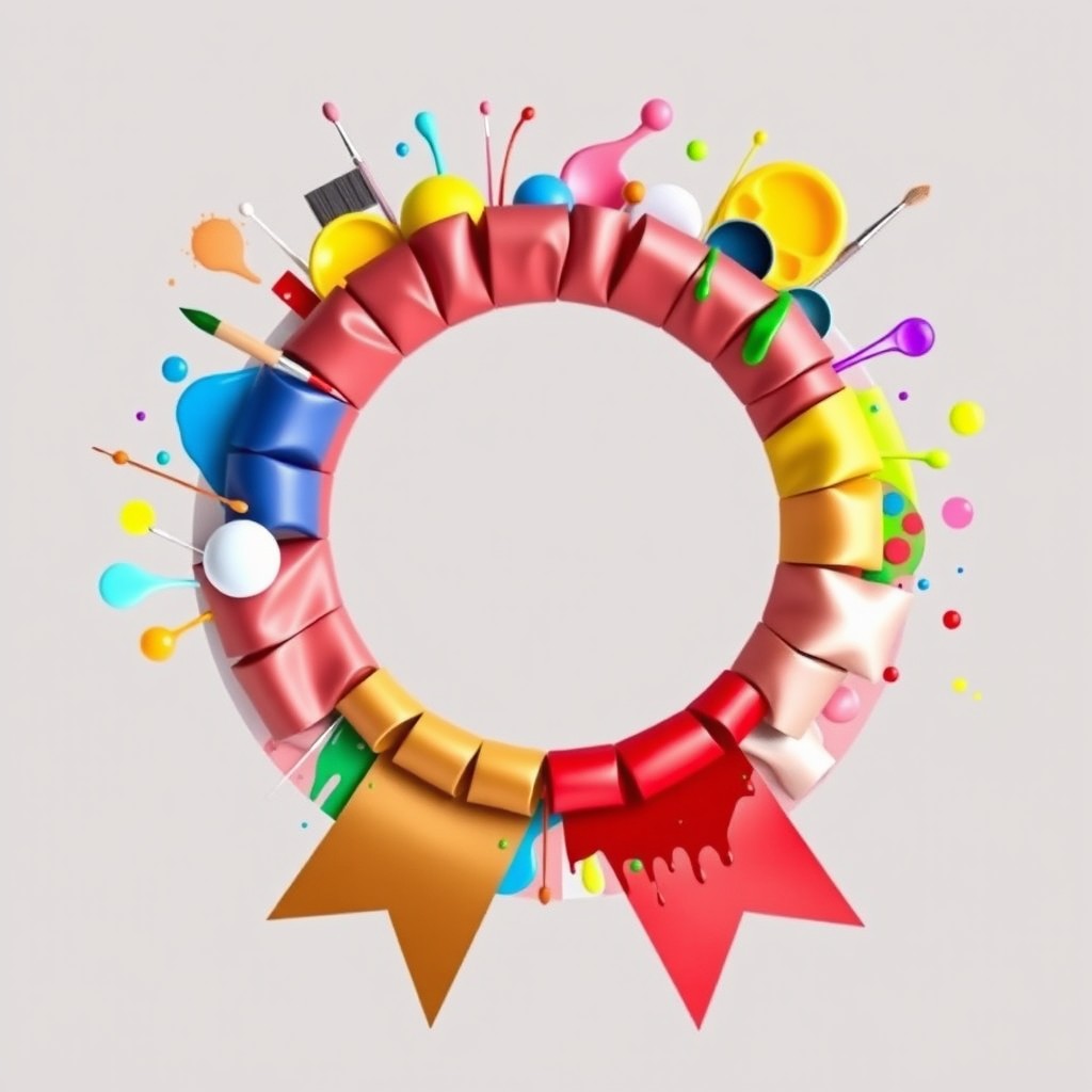 A colorful circular ribbon for first place, made of vibrant paints and elegant ribbons