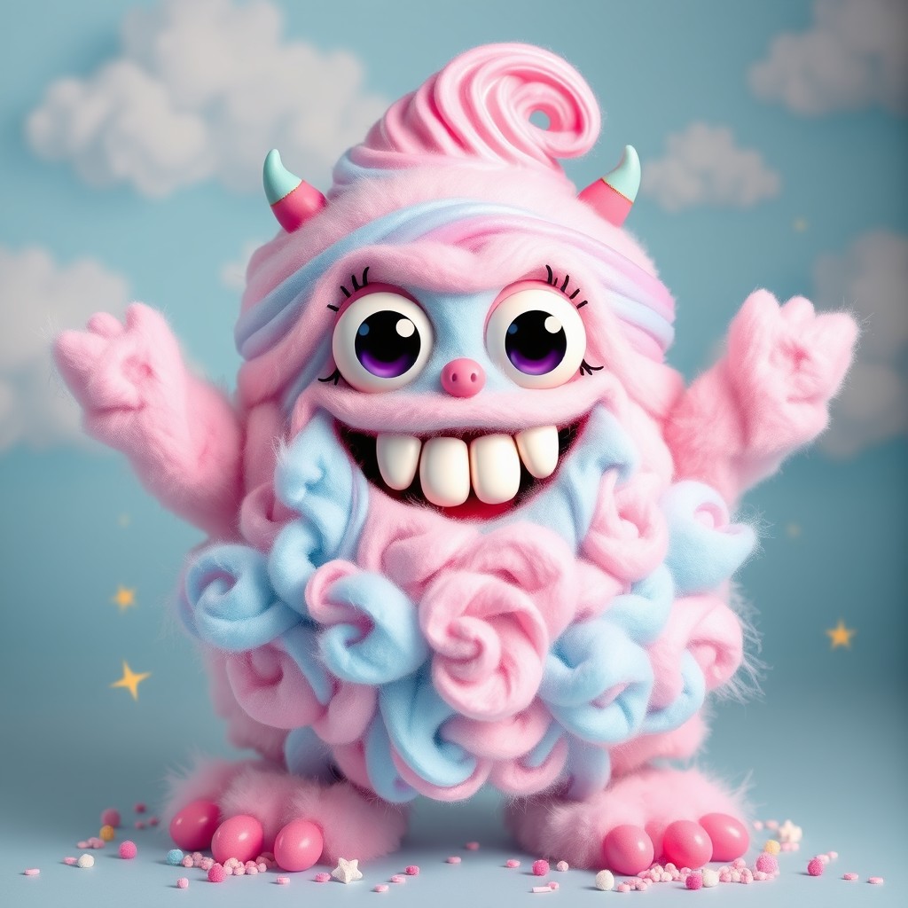 A cute cotton candy monster inspired by a cake design, resembling the playful and whimsical style of 'Monster Cake'